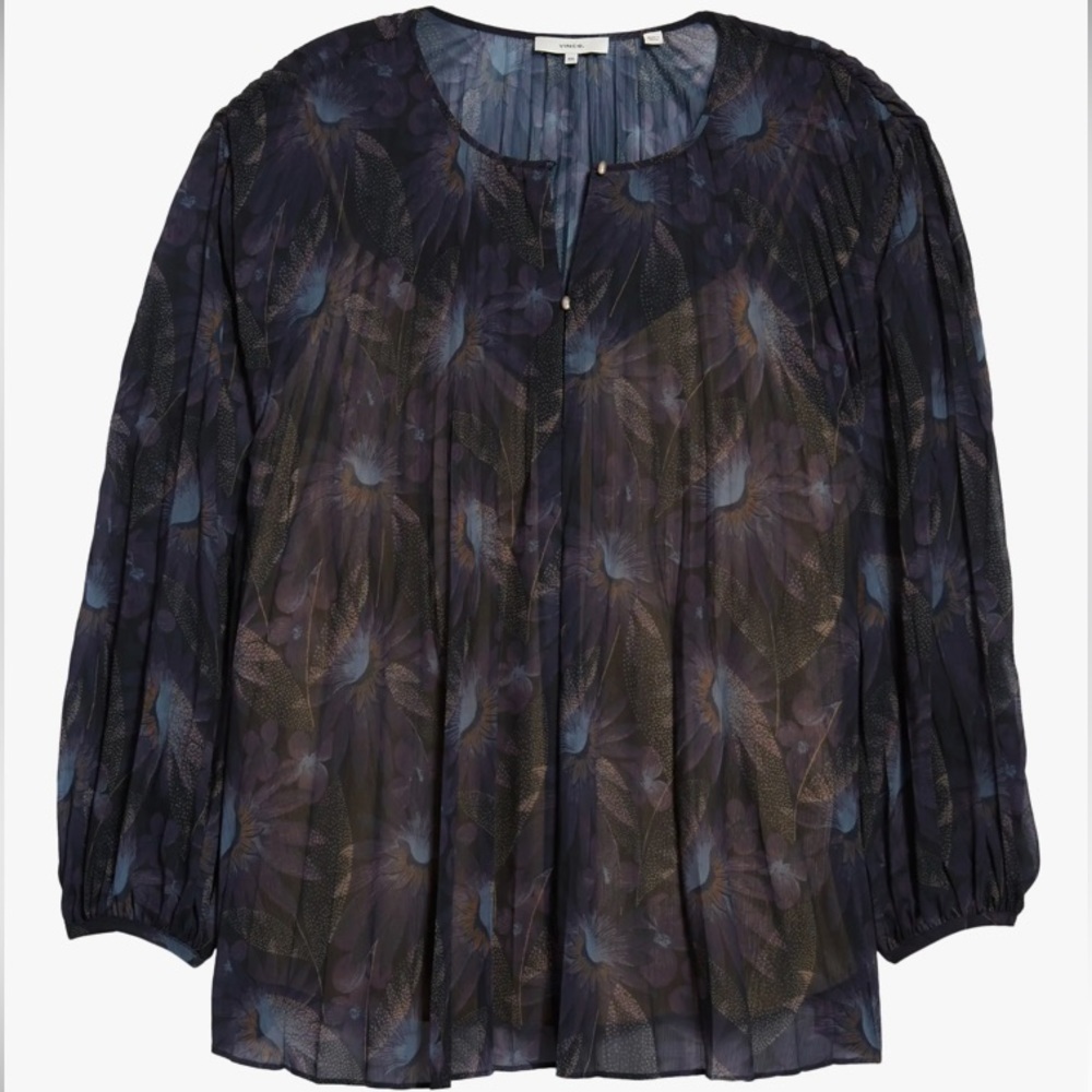 Price firm New VINCE Lazuli Deco Floral Pleated Blouse Size XXL - Picture 2 of 13